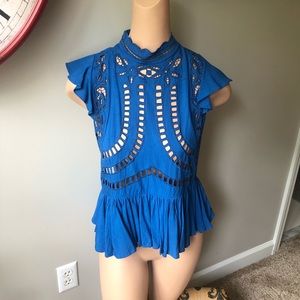 Free People cobalt blue high neck ruffle top